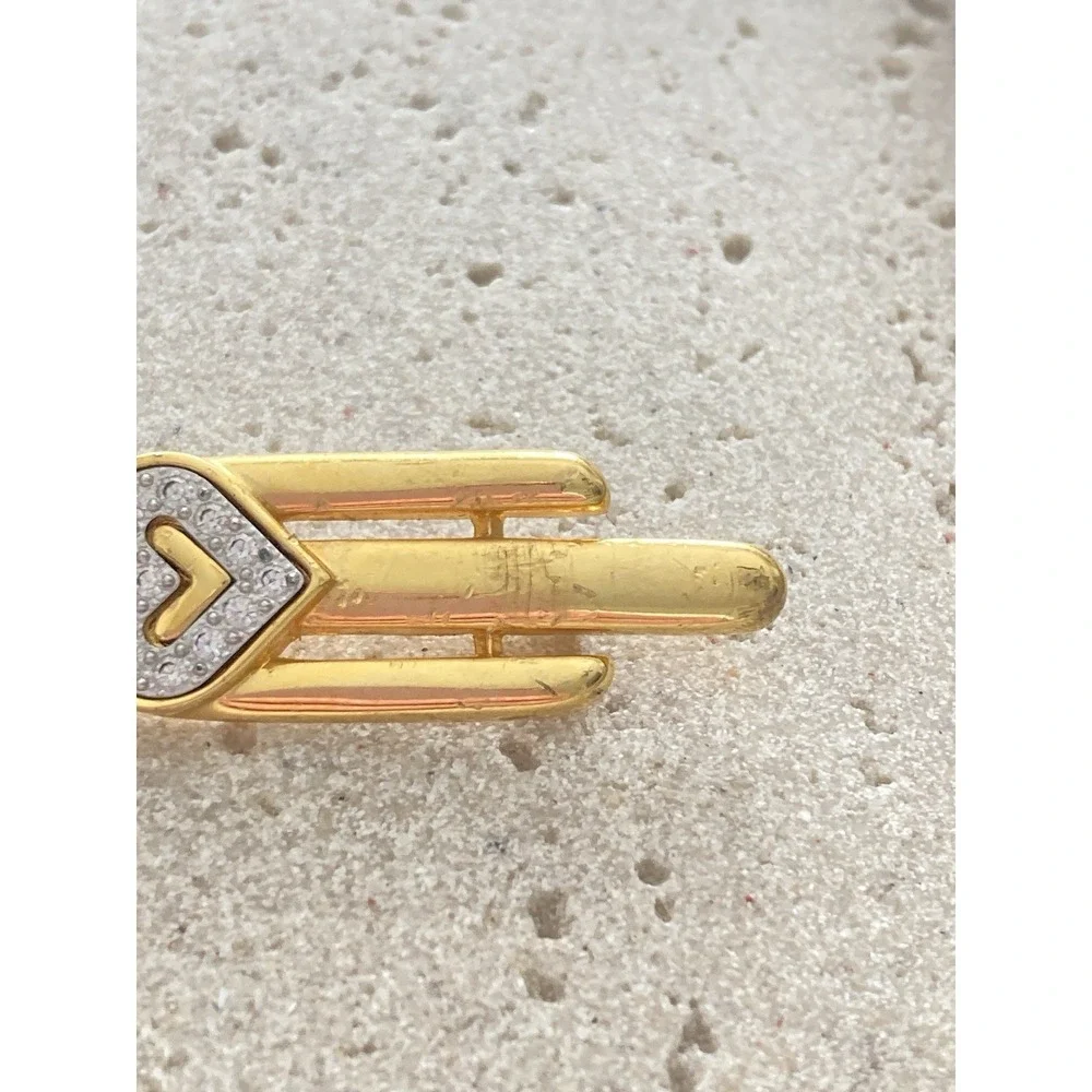 Monet Double Heart Brooch Gold‎ Tone Rhinestone Bar Pin Signed Art Deco Style